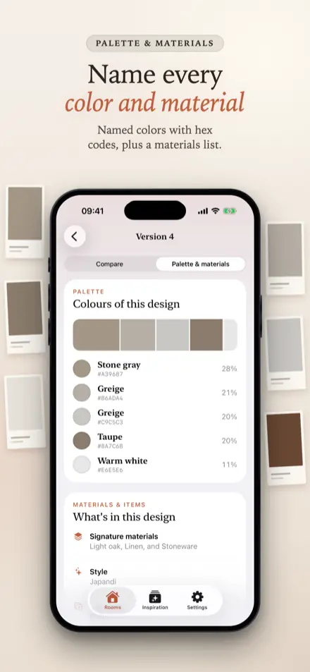 RoomGlow: Palette and materials